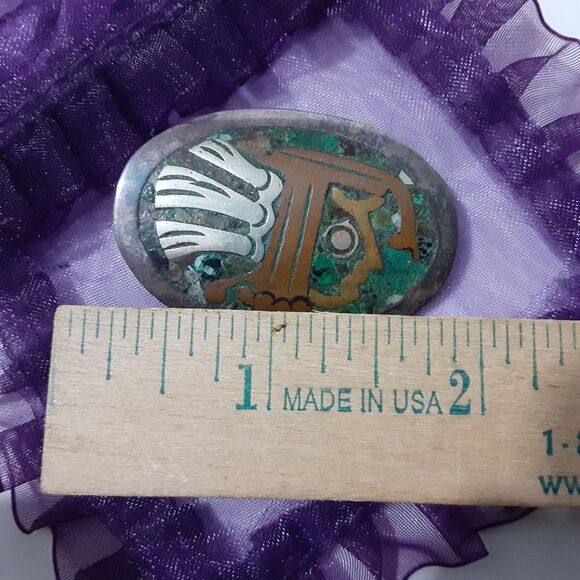 Vintage Aztec Warrior Alpaca Mexico Silver Abalone Inlay Brooch Pin Pendant - Picture 5 of 5